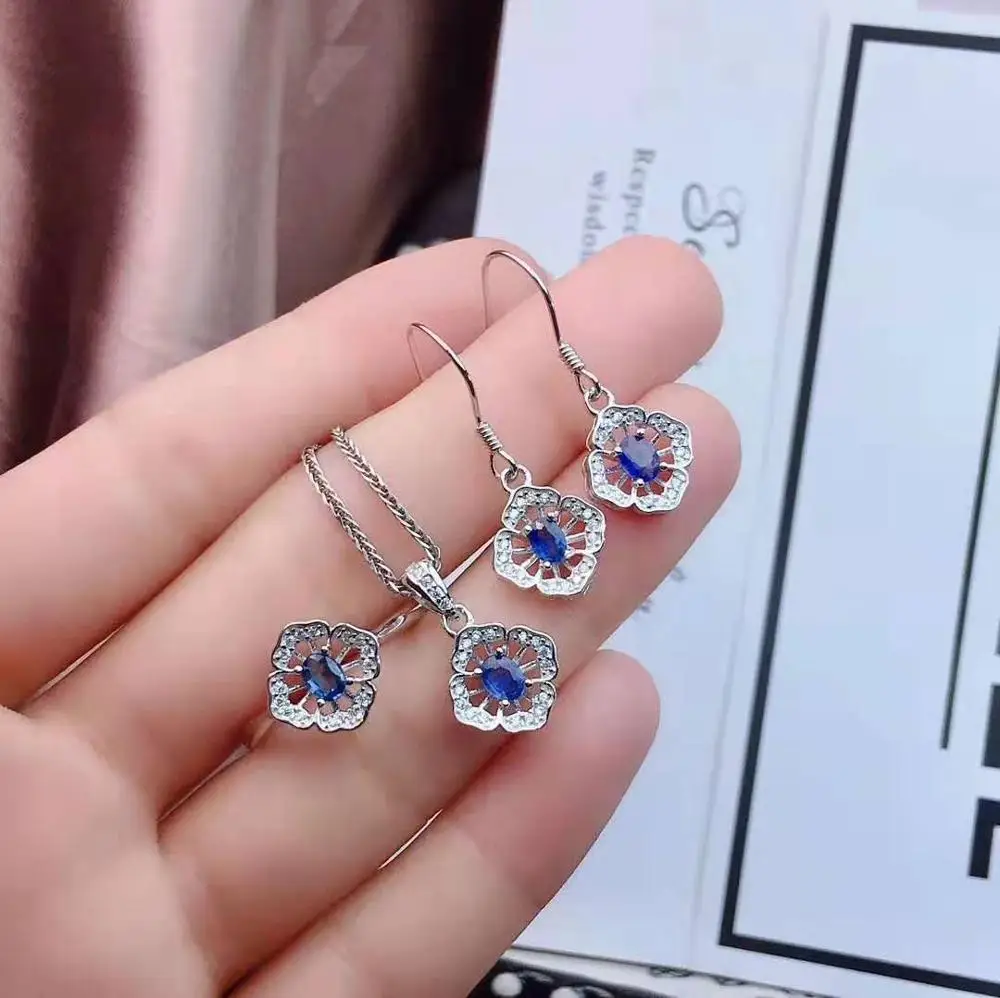 Натуральный сапфир S925 Кольцо Серьги Кулон ожерелье набор изысканные модные