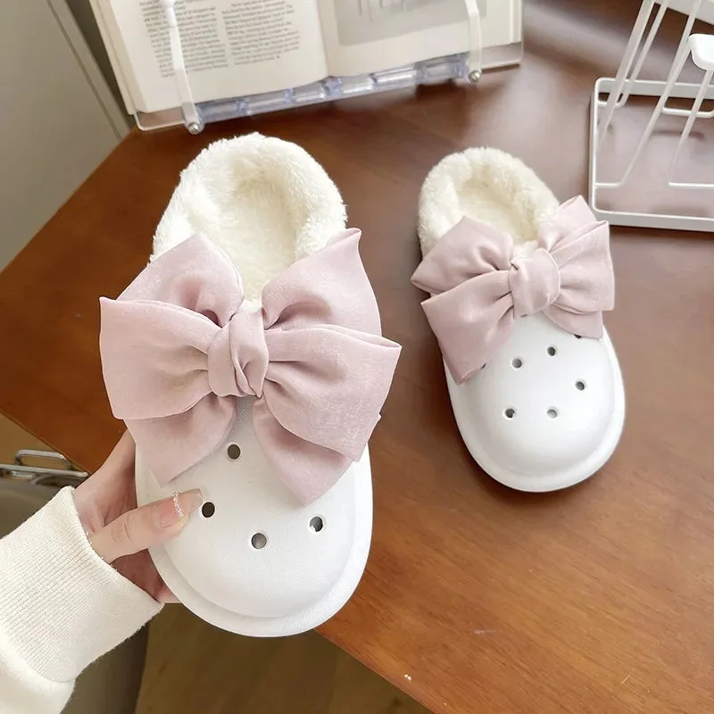 

Winter Home Cotton Slippers Bow-Knot Fluffy Hairy Slides Designer Warm Shoes Women Plus Velvet Slippers Fashion Fur Flip Flop