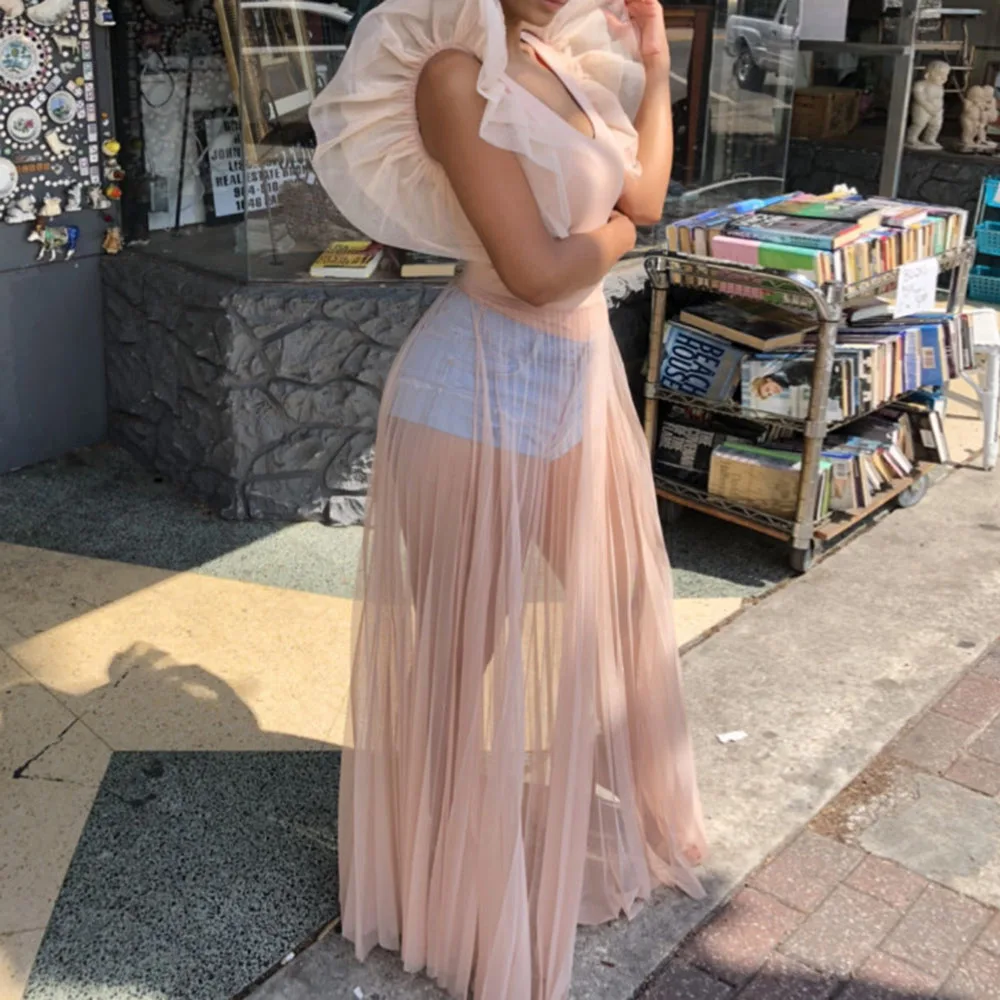 Женское длинное Сетчатое платье розовое вечернее трапеция без рукавов