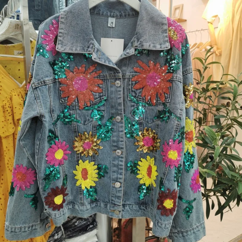 2021 Denim Jacket  Floral Embroidery Sequins  Loose  Coat Long Sleeve Outerwear Jacket Women  Y701