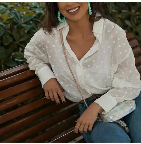 Модная женская осенняя офисная рубашка в горошек с длинным рукавом блузка