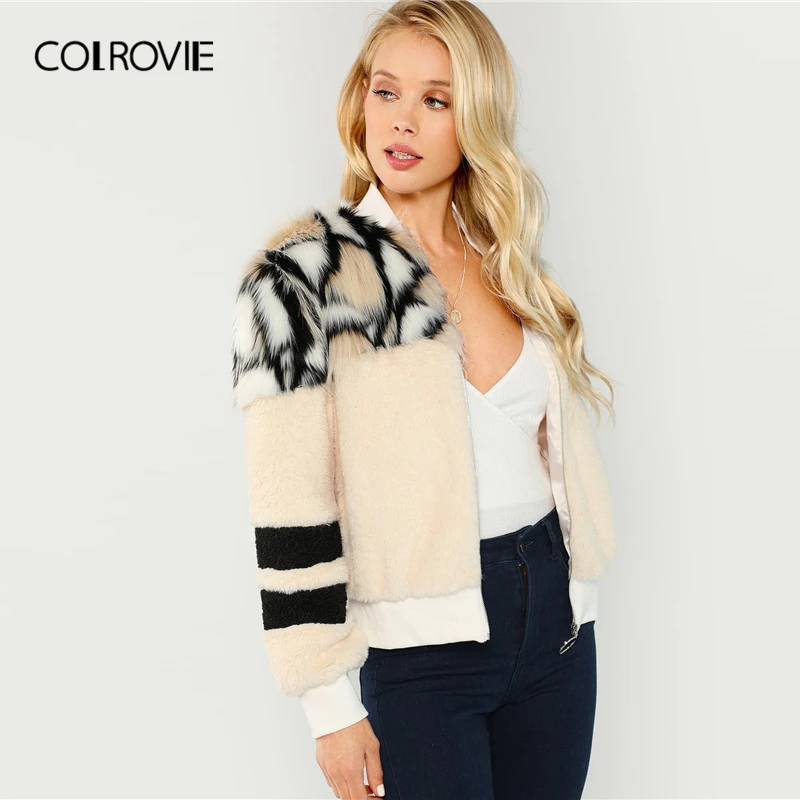 COLROVIE/пальто из искусственного меха на молнии с круглым кольцом, Женское пальто с воротником-стойкой, Гламурное,, осенне-зимнее теплое пальто, модная разноцветная верхняя одежда