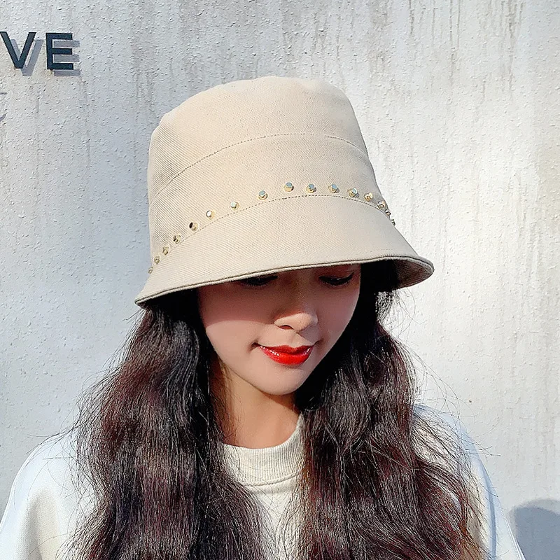 

Spring and Summer New Fisherman Hat Korean Bucket Cap Female Japanese Pearl Outdoor Sunscreen Sun Hat Women Basin Cap