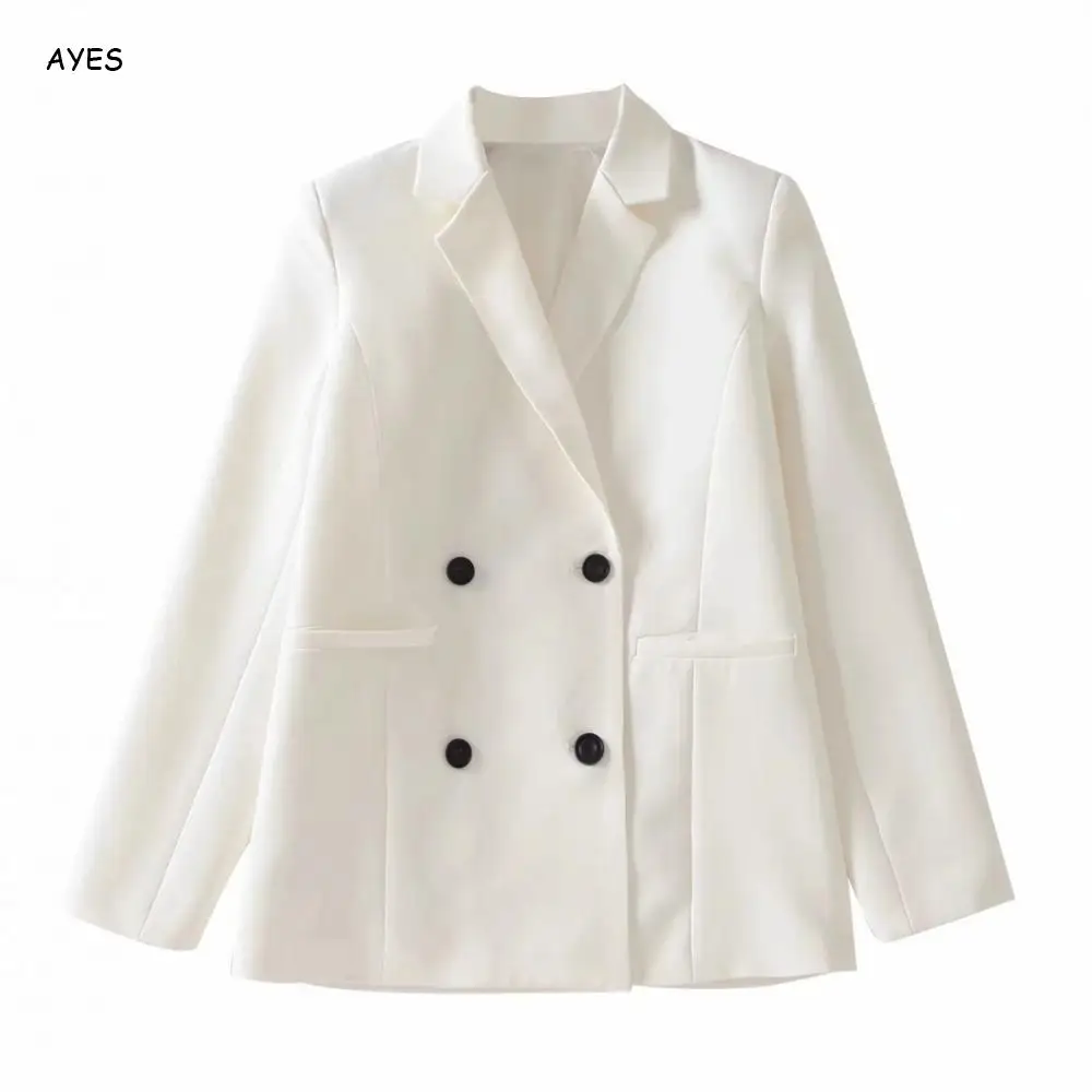 

2021 Womens White Double Breasted Casual Blazer Coats Long Sleeve Loose Jacket Suit Coat With Pockets Back Slit Casual Outer