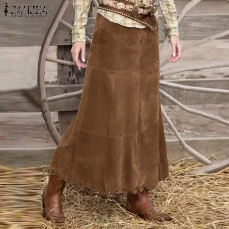 

Autumn Elastic Waist Long Skirt Jupe 2023 ZANZEA Women Vintage Corduroy Skirts Female Solid Casual Vestidos Loose Faldas Saia