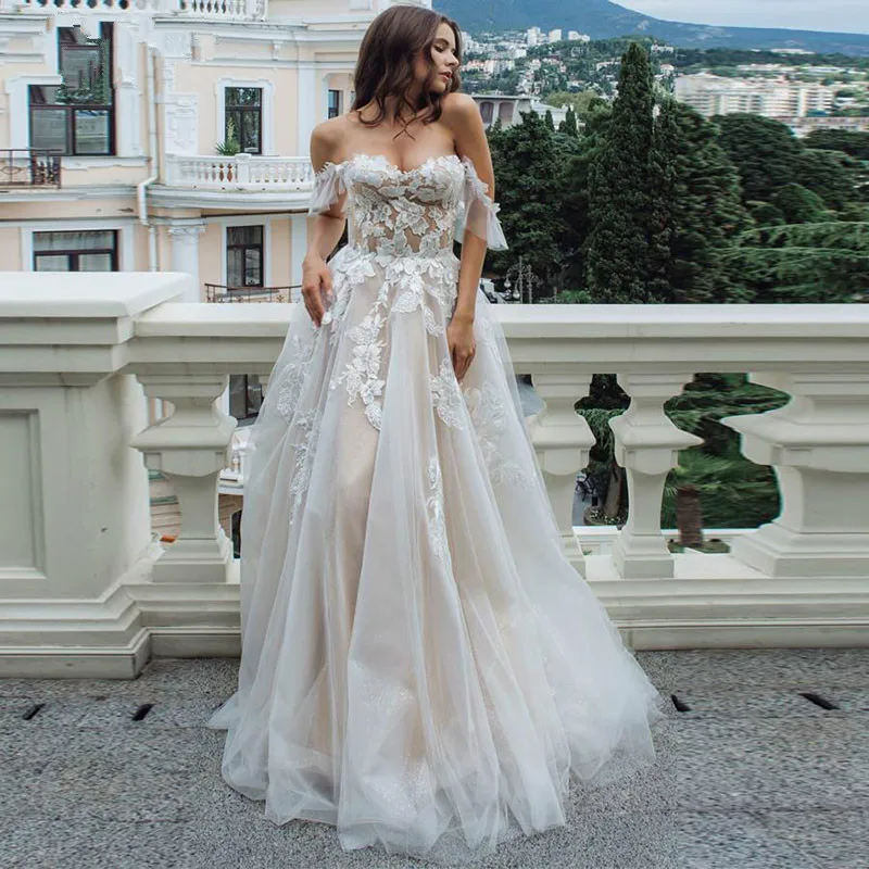 

Champagne Boho Wedding Dress 2020 Lace Appliques Tulle Backless Beach Bridal Gowns Off Shoulder Princess Vestido De Noiva
