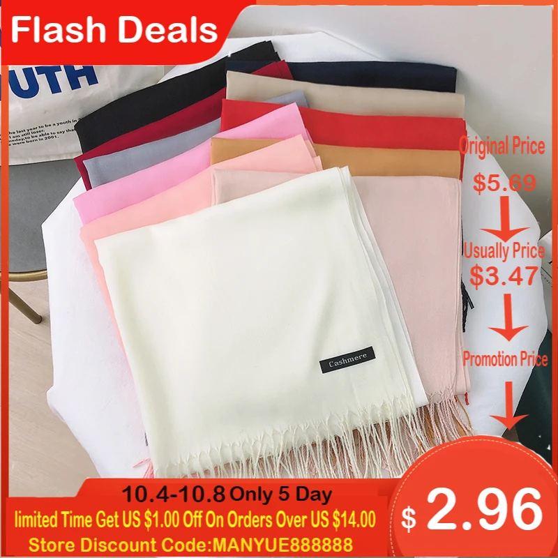 

2021 Solid Color Hijabs Cashmere Scarf Women Winter Warm Long Shawls And Wraps Hijab Scarves Pashmina Tassels Thin Headband