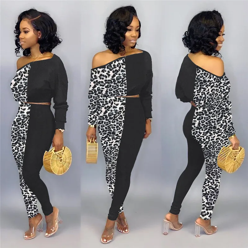 

hirigin Leopard Spliced Casual Two Pieces Sets Autumn One Shoulder Long Sleeve Crop Tops and Skinny Pencil Legging Streetwear