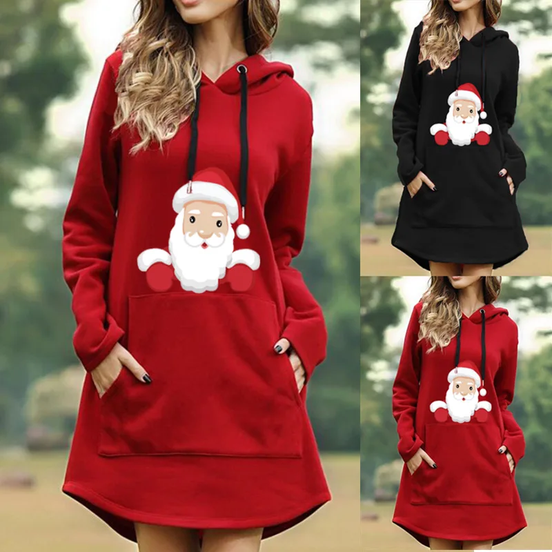 

Осеннее женское платье с принтом Санта Клауса, повседневная черная Женская одежда с длинным рукавом, модные платья с капюшоном, Весенняя ул...