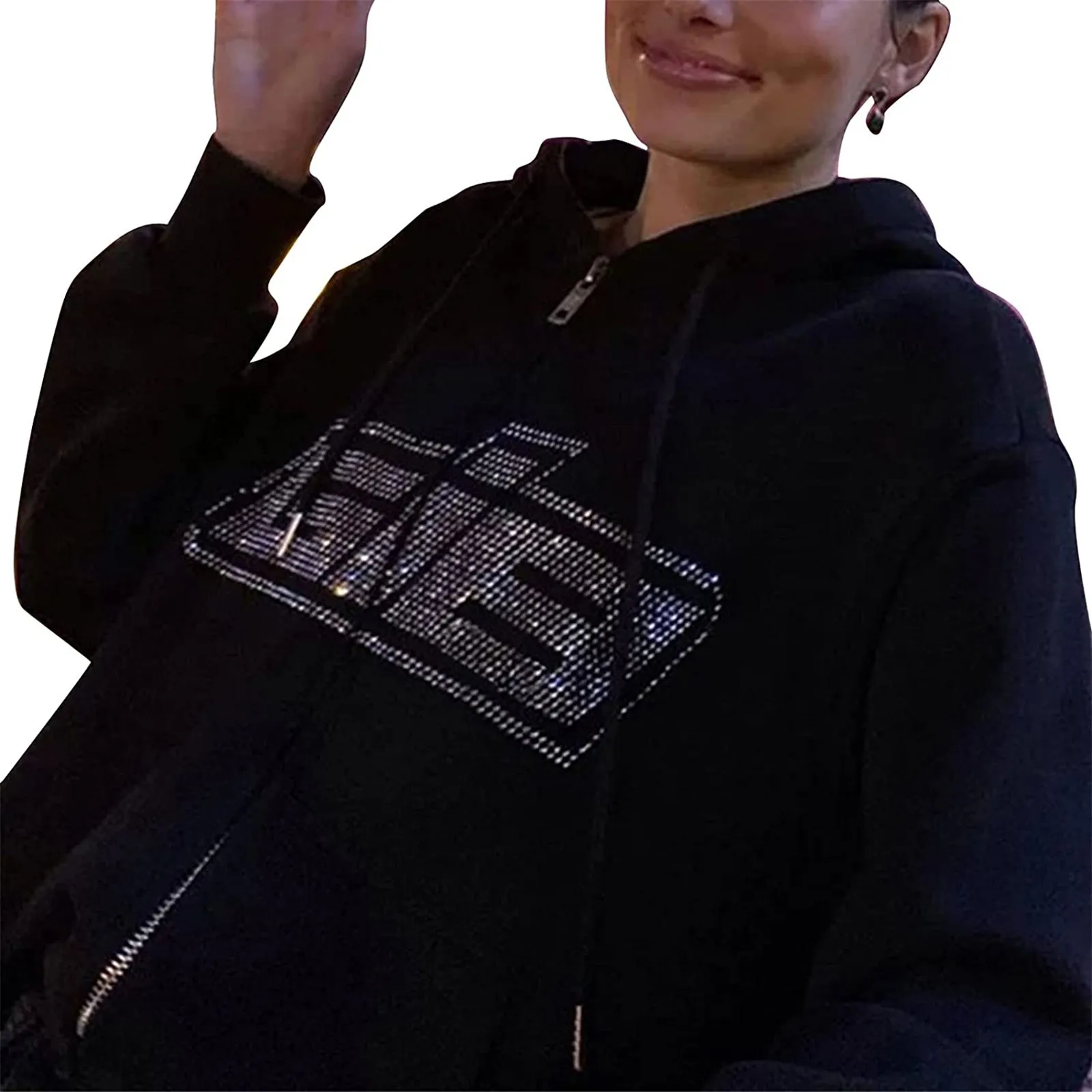 Korean Fashion Hoodies for Women 2021 Rhinestone Letter Print Long Sleeve Sweatshirt Hoodis Zipper Autumn Loose Women Sweetshirt