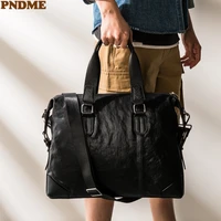 pndme simple casual genuine leather mens black briefcase luxury natural real cowhide handbag women travel laptop messenger bag