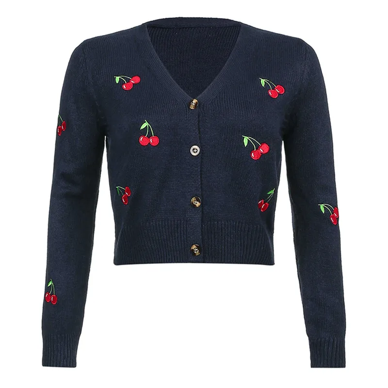 

Women's Fashion V-neck Cherry Embroidery Knitted Top Long Sleeve Cardigan Top Slim Fit Short Knitwear For Shopping Daily Wear