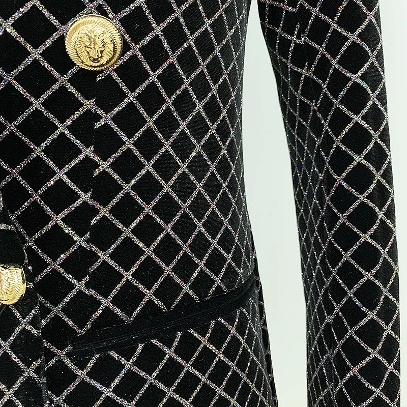 

New popular women s coat classic lion button shiny gold powder Plaid velvet suit can customized big size