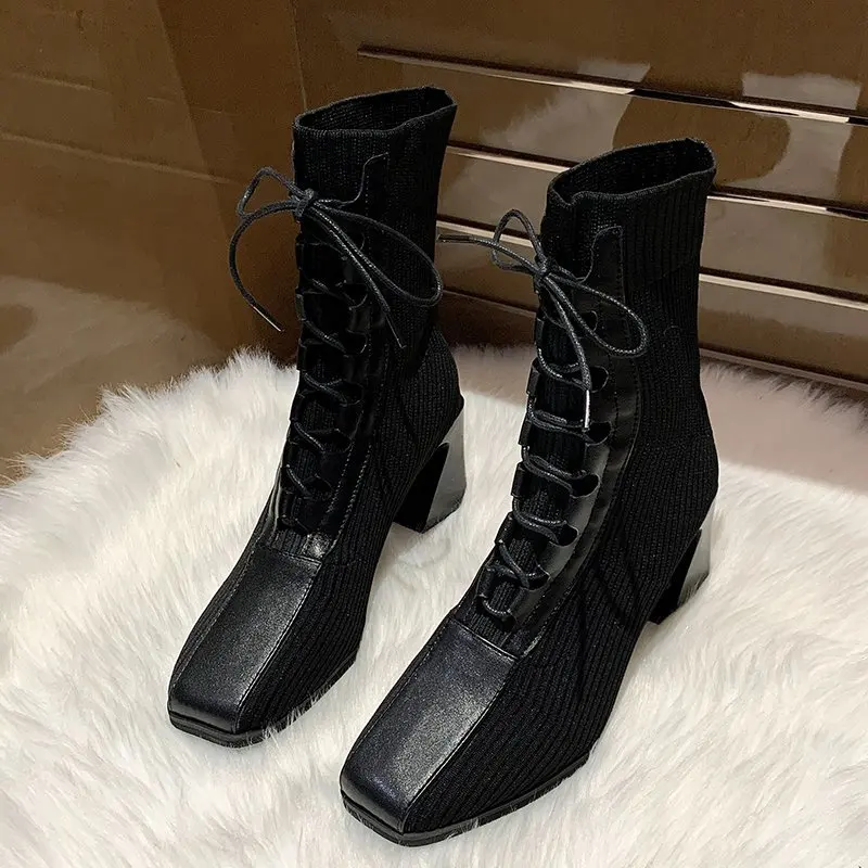 2021 Fashion New Socks Boots Women Spring and Autumn Comfortable High-heeled Short Boots Stitching Square Toe Boots Women