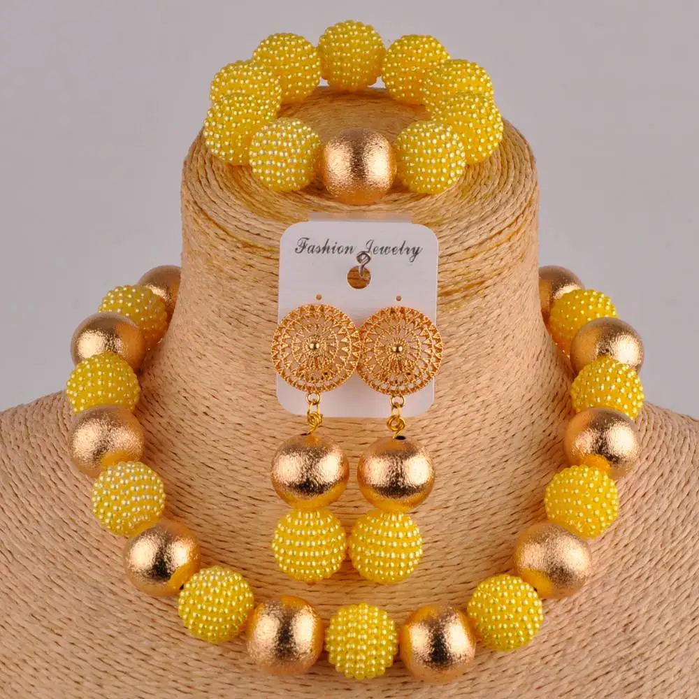 

Charming Imitation Pearl Beaded Jewelry Yellow Women Nigerian Bride Wedding African Beaded Jewelry Set XX-69