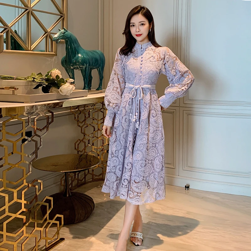 

Dresses French Retro Lace Dress 2021 New Autumn Gentle Waist Slimming Temperament Youthful-Looking Design Long Dress Kawaii