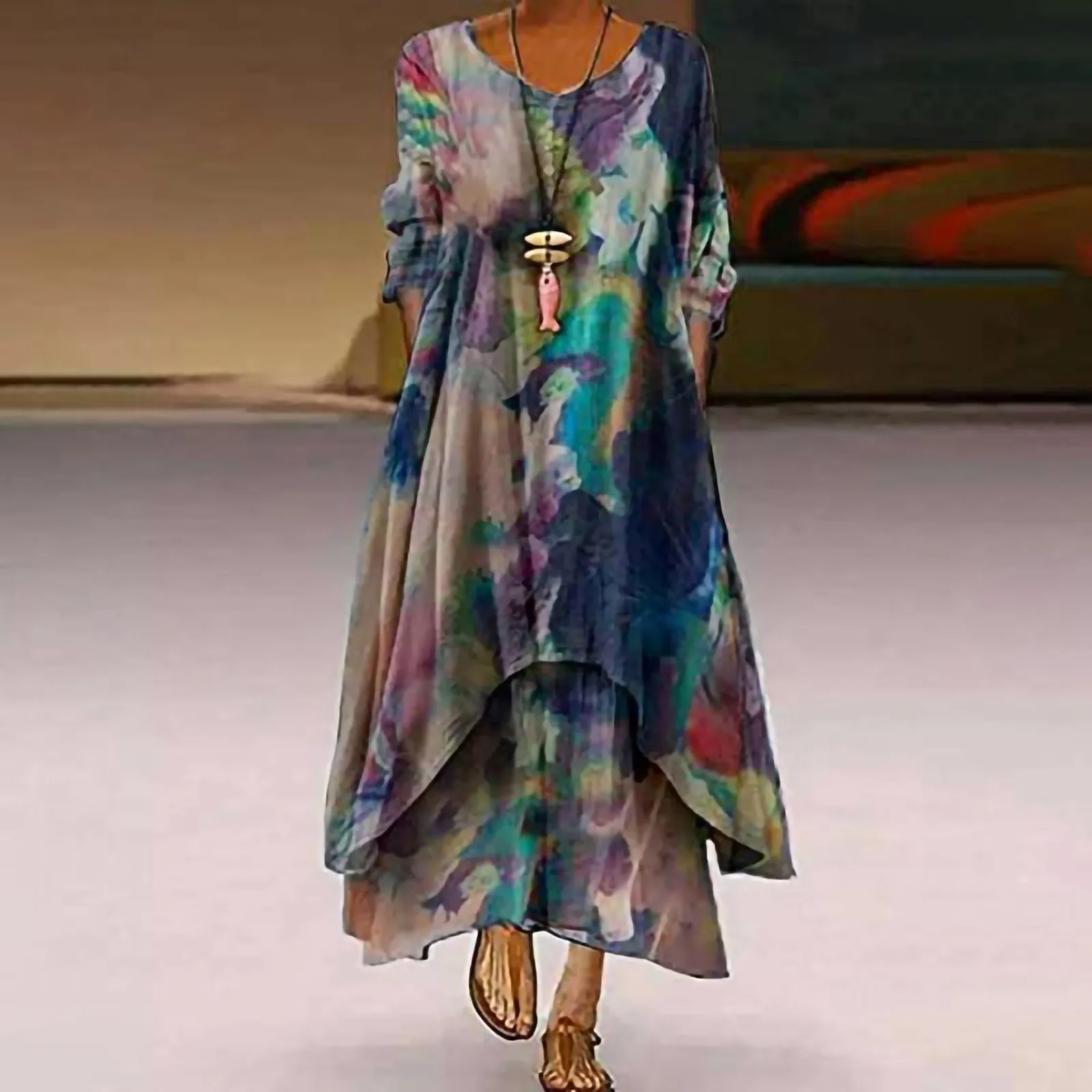 

Dress Summer Women's Casual Floral Print Dress 2021 Boho Women's Retro Style Printed Long Sleeved Loose Hem Irregular Long Dress
