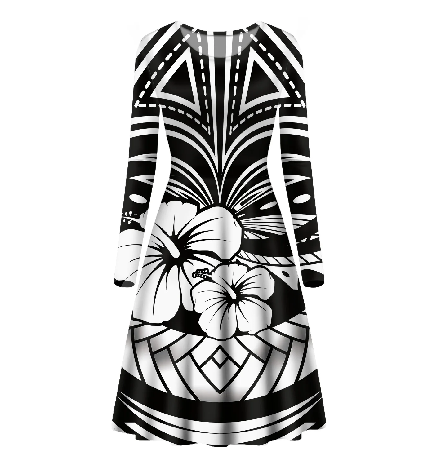 

2022 Samoa Tribe Hibiscus Printing Fashion Casual Dress O Neck Corset Long Sleeve Long Party Banquet Skirt Women's Autumn Dress