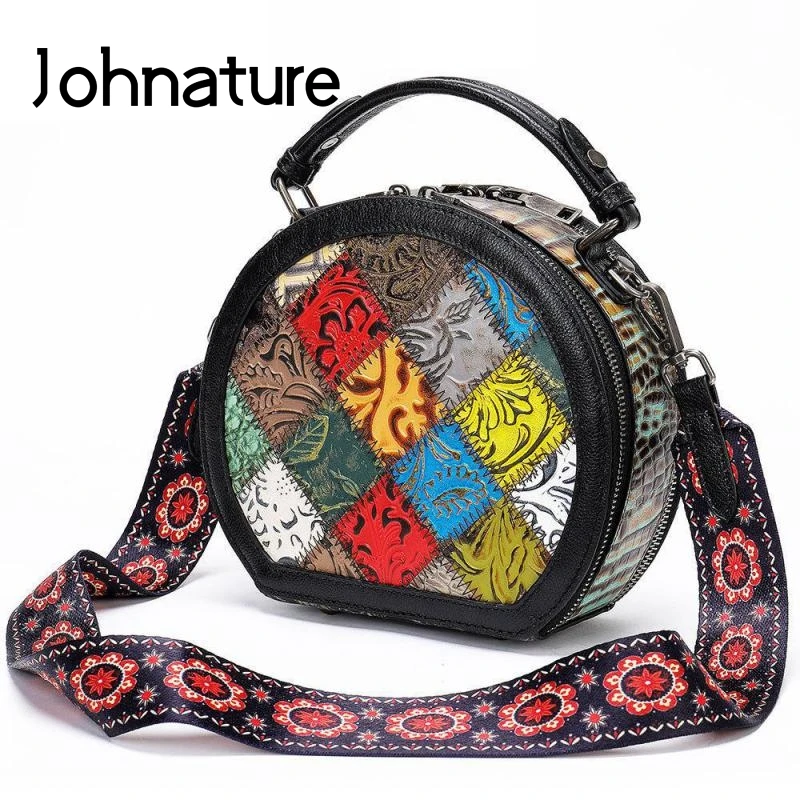 Johnature Vintage Nature Cow Leather Women Bag 2022 New Versatile Random Color Splicing Leisure Handbag Circular Shoulder Bags