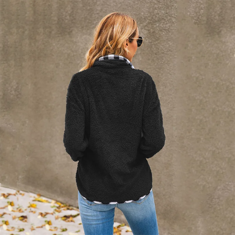 

2021 Lattice Spliced Pocket Casual Plush Hoodies Women Winter Autumn Outwear Zipper Sweatshirt Long Sleeve Loose Pullovers Tops