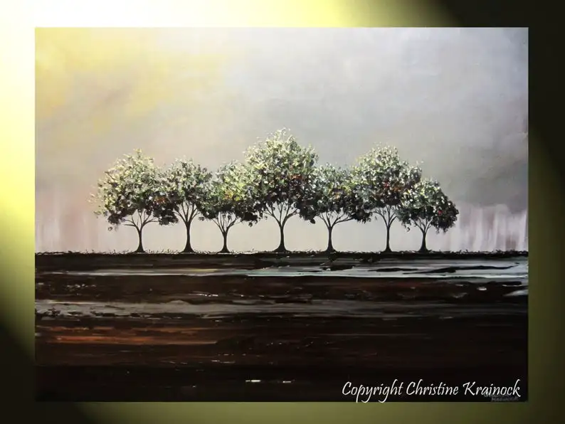 

CUSTOM Art Abstract oil Painting Trees Green Textured Modern Palette Knife Tree Landscape Wall Decor Brown Grey MADE to ORDER