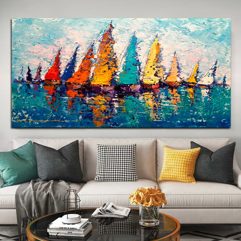 

Modern Sailboat Colorful Oil Painting Printed on Canvas Big Size Nordic Wall Picture for Living Room Landscape Canvas Painting