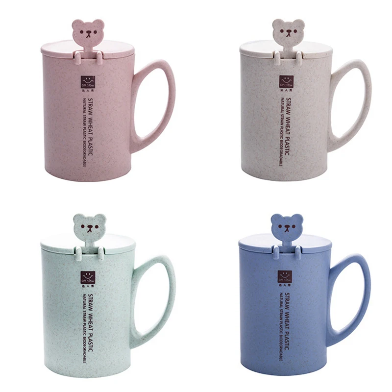

Fashion Wheat Fiber Straw Coffee Mug With Lid Spoon Home School Office Eco-Friendly Cute Bear Milk Oatmeal Mugs Drinkware Cup
