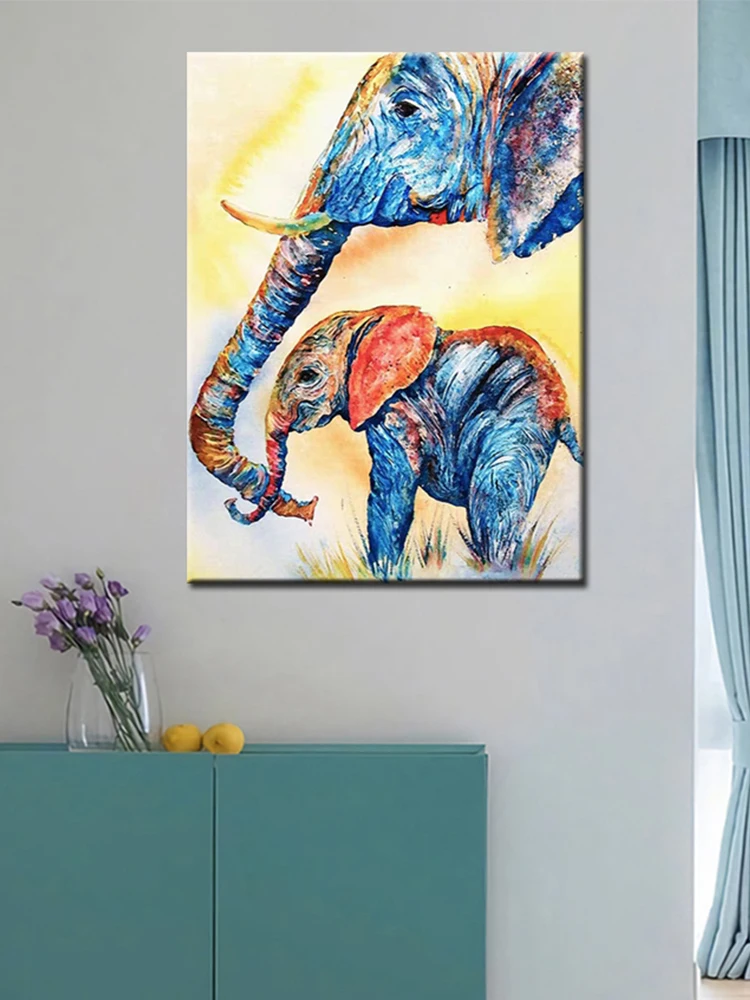 African Family Elephant Picture Handmade Animal Head Oil Painting Canvas Wall Decor Art Showpiece For Kids Bedroom | Дом и сад