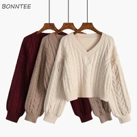 sweaters women lovely pullover fashion popular clothes twist vintage v neck solid all match fall daily college cropped knitwear