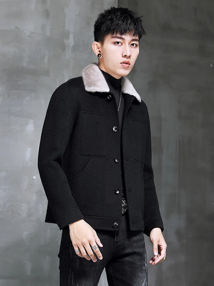 

Wool Coat Men Spring Autumn Alpaca Cashmere Jacket Short Mens Overcoat Mink Fur Collar Korean Erkek Mont 1971B KJ3857