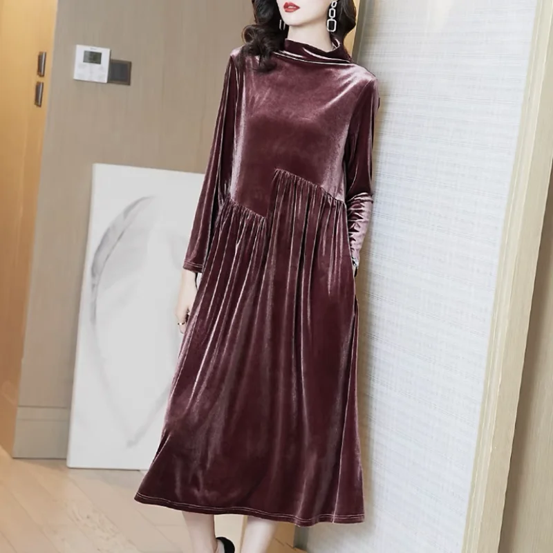 

2022 Winter women half turtleneck velvet dress,Autunm elegant brown velvet dress vintage party dress vestido M-2XL