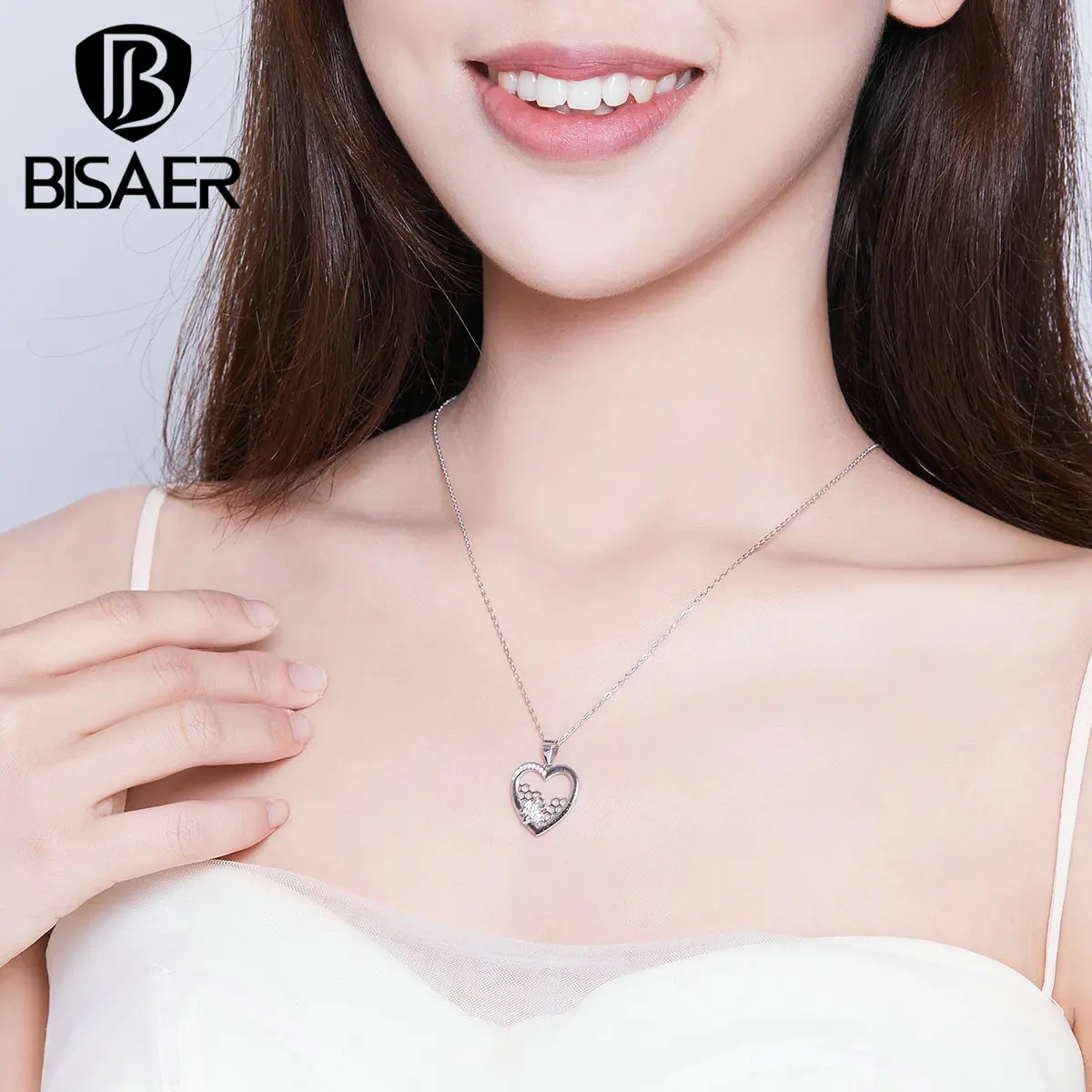 Соты воротник BISAER 925 пробы Серебряная пчела любовь соты в форме сердца кулон ожерелья для женщин Роскошные ювелирные изделия ECN356