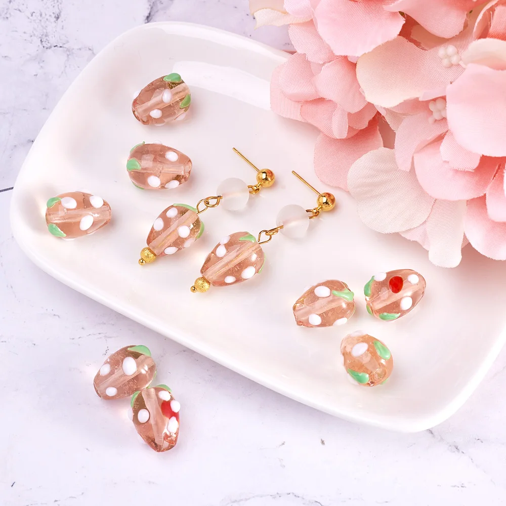 Бусины ручной работы в виде клубники 10 шт. красные и розовые бусины форме грибов