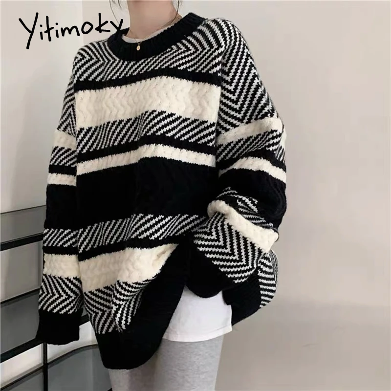 

Yitimoky женская одежда 2021 корейская мода Harajuku свитер полосатый трикотажный пуловер с круглым вырезом свободный крой Женская трикотажная одеж...