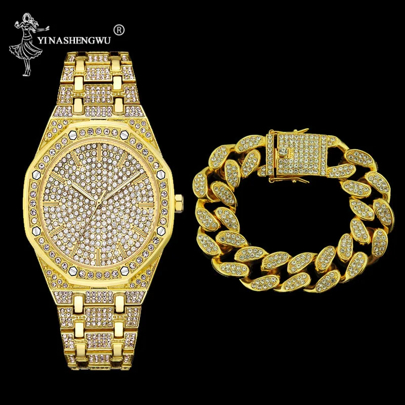 Роскошные мужские золотые + серебряные часы водонепроницаемый браслет в стиле