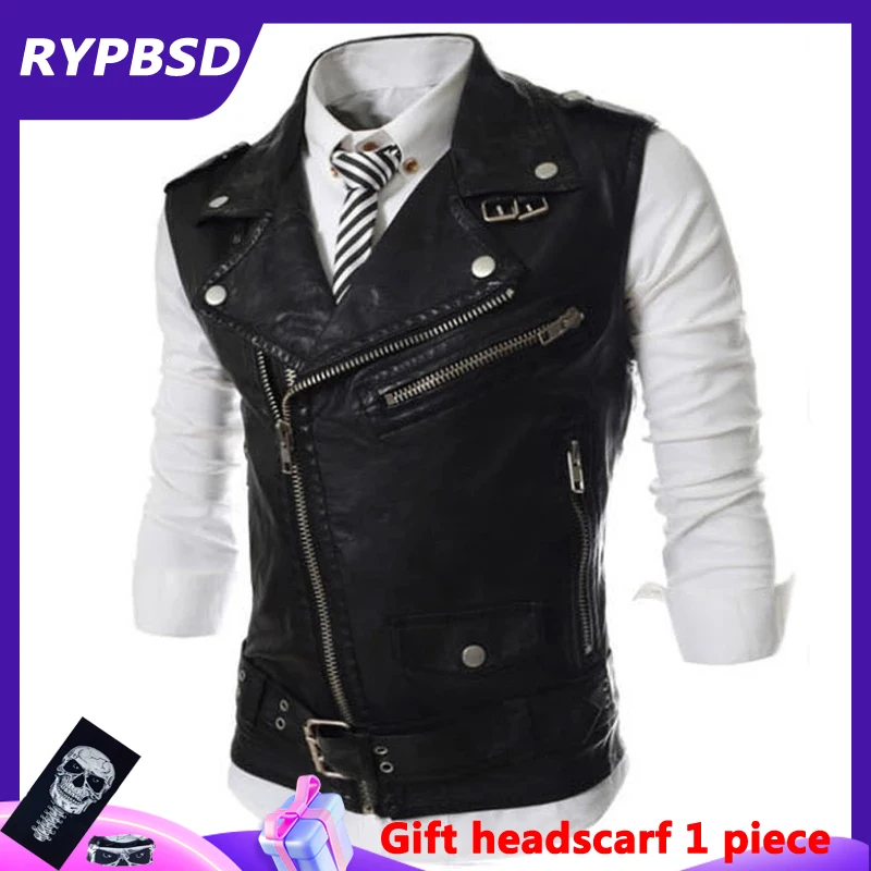 

Veste Moto Cuir 2021 Fashion Multi Zipper Short Leather Vest Men Motorcycle Turn-Down-Collar Waistcoat Sleeveless Leather Jacket