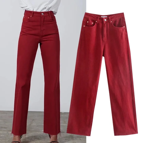 Maxdutti Jeans For Women Retro Mom High Waist Jeans England Jeans Woman Style Fashion Red Color Simple Burrs Straight Wide Leg