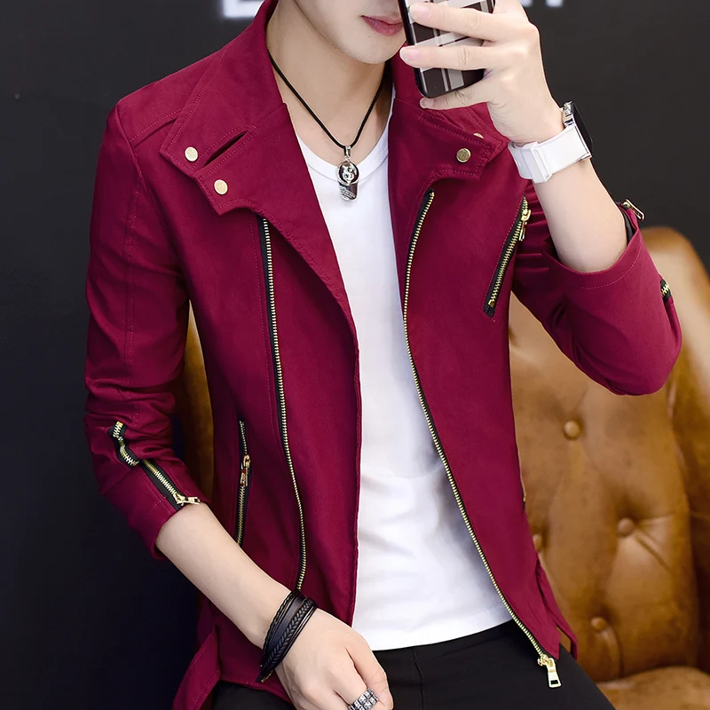 

2022 Men's Spring and Autumn Slim-Fitting Cool Rivet Jacket Teen Trend All-Match Oblique Zipper Polo Collar Jacket