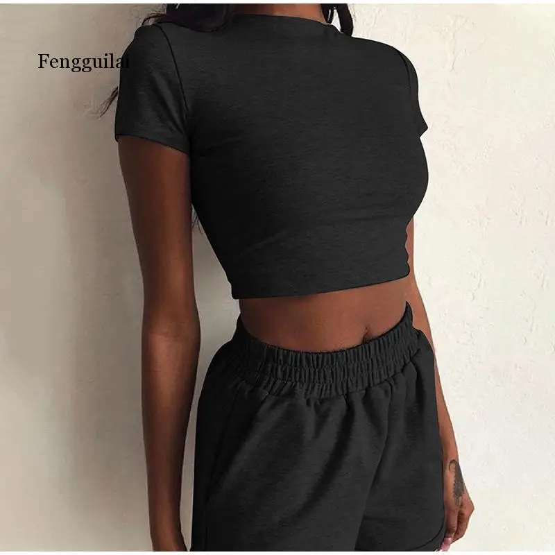 

Girls 2 Piece Short Set Women Short Sleeve Crop Tops Shorts Biker Suits Female 2020 Summer Solid Fitness High Waist Ladies Set