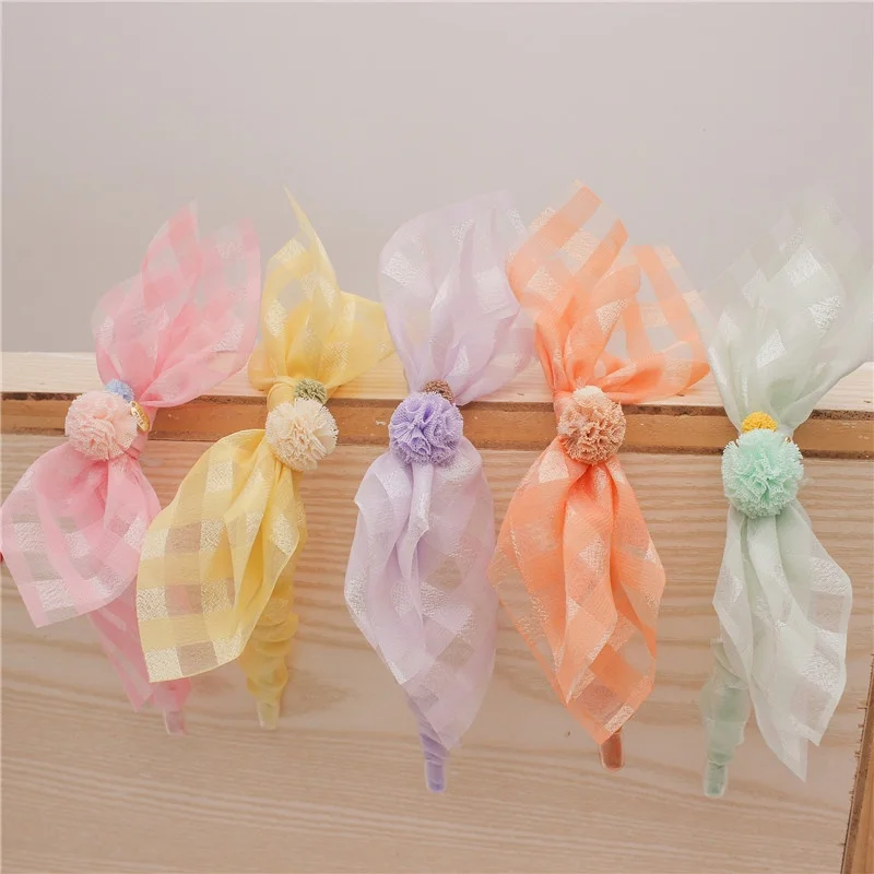 

Girls Princess Hair Accessories Candy Color Lace Headbands Children Plaid Cloth Bowknot Headband with Mesh Balls
