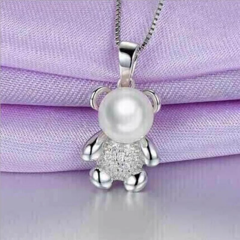 

New Personality 925 Sterling Silver Jewelry Fashion Exquisite Cute Bear Pearl Anti-allergic Clavicle Chain Pendant Necklace N108