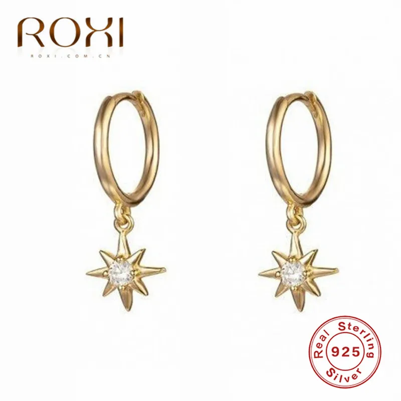 Золотой цвет ROXI 925 пробы серебряные серьги корейские мини циркониевые серьги-гвоздики с подвеской для женщин Женские Висячие круглые серьги - Окраска металла: Золотой цвет