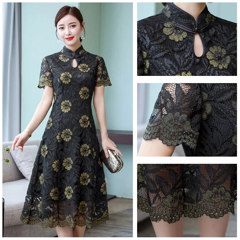 

Chinese style dress for women long summer 2020 new Short-sleeved dress ladies improved cheongsam dress elegant fashion Lace