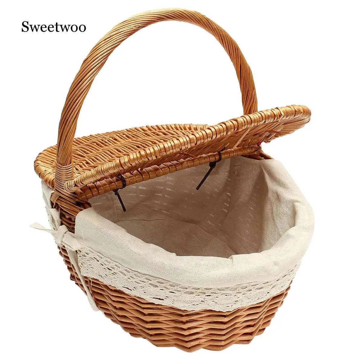 Wicker Willow Picnic Basket Hamper As Shopping Bag With Lid And Handle White Liner For Outdoor Camping Carrying Food |