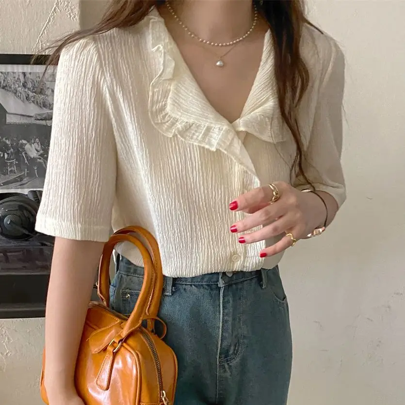 

HziriP 2021 Summer Apricot Solid Chic Ruffles Elegant Stylish All Match OL Loose Casual Tops Streetwear Blouses Femme Shirts