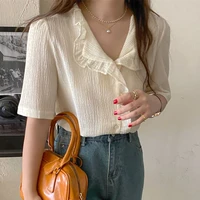 hzirip 2021 summer apricot solid chic ruffles elegant stylish all match ol loose casual tops streetwear blouses femme shirts