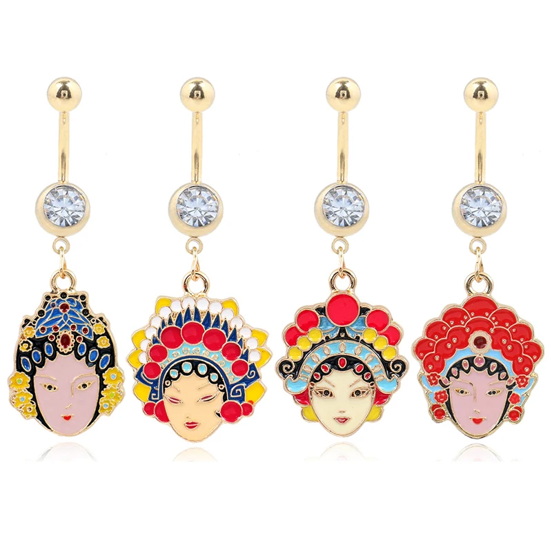 

1PC Crystal Belly Rings Chinese Stainless Steel Dangle Belly Button Rings Gold Body Piercing Jewelry Peking Opera Piercing Navel