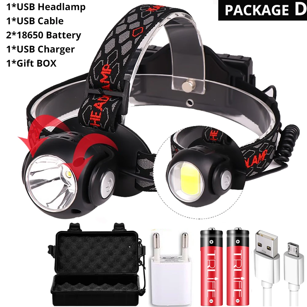 Package D USB головная лампа COB+ T6 светодиодный фонарь 7 Режимы налобного фонаря фонарь Многофункциональный вращающийся красный белый водонепроницаемый фонарик 2*18650 - Испускаемый цвет: Package D