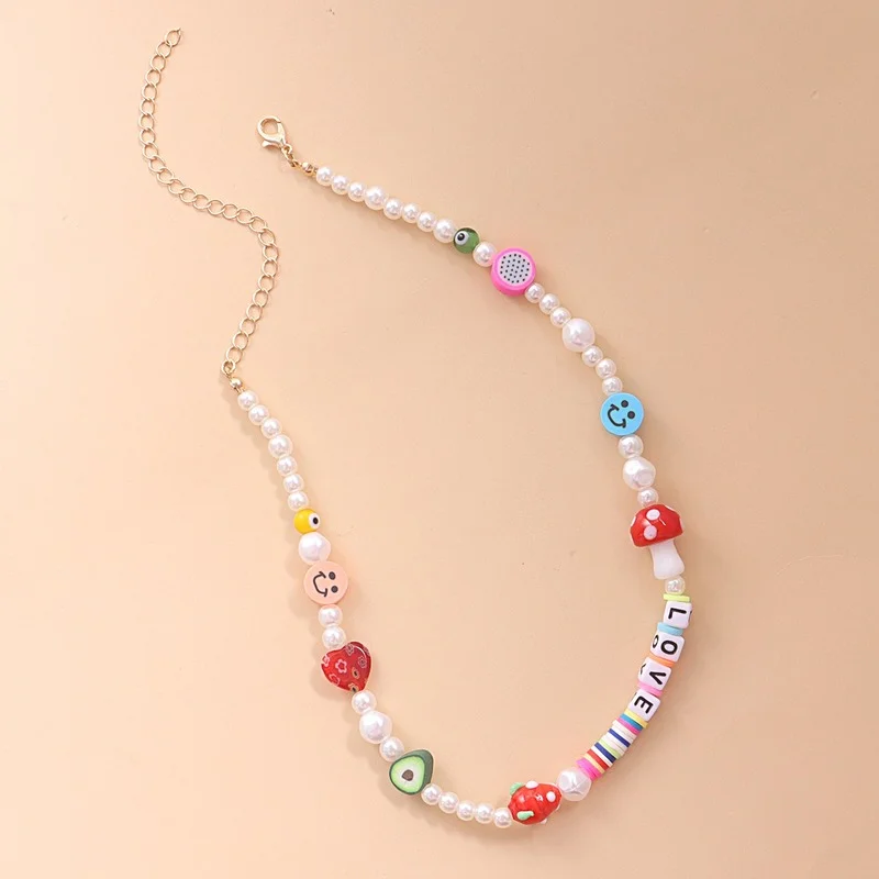 

Origin Summer Cute Pearl Polymer Clay Smile Face Chokers Necklace for Women Letters Heart Beaded Mushroom Necklace Jewelry