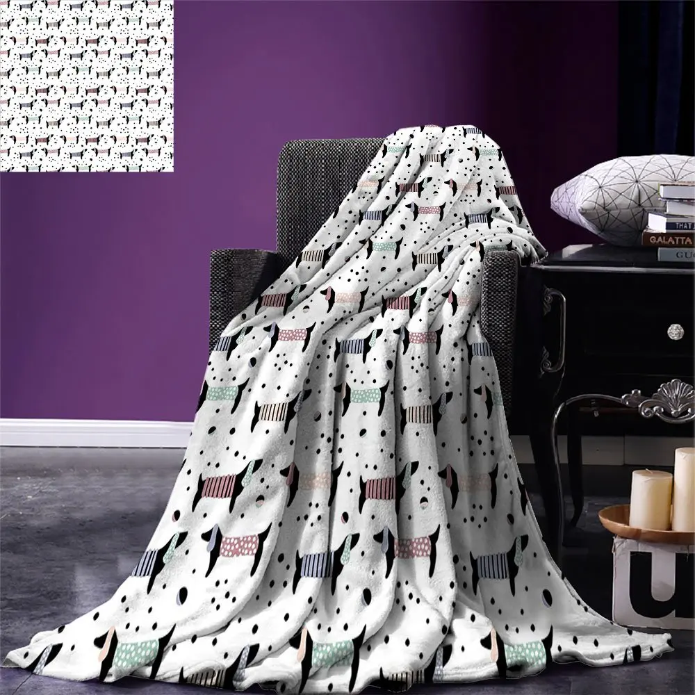 

Dog Lover Custom Cozy Flannel Blanket Abstract Hand Drawn Dachshund Puppy Silhouettes with Playthings Dotted Lightweight Blanket